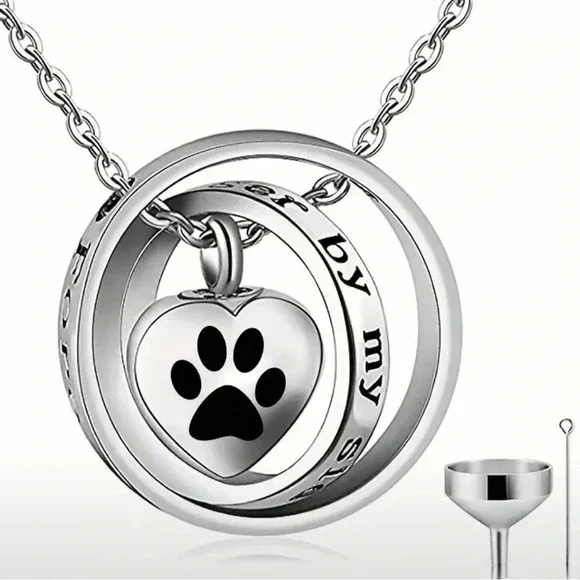 Sterling Silver Paw Print Memorial Necklace Double Circle Pet Loss Keepsake - Picture 3 of 3